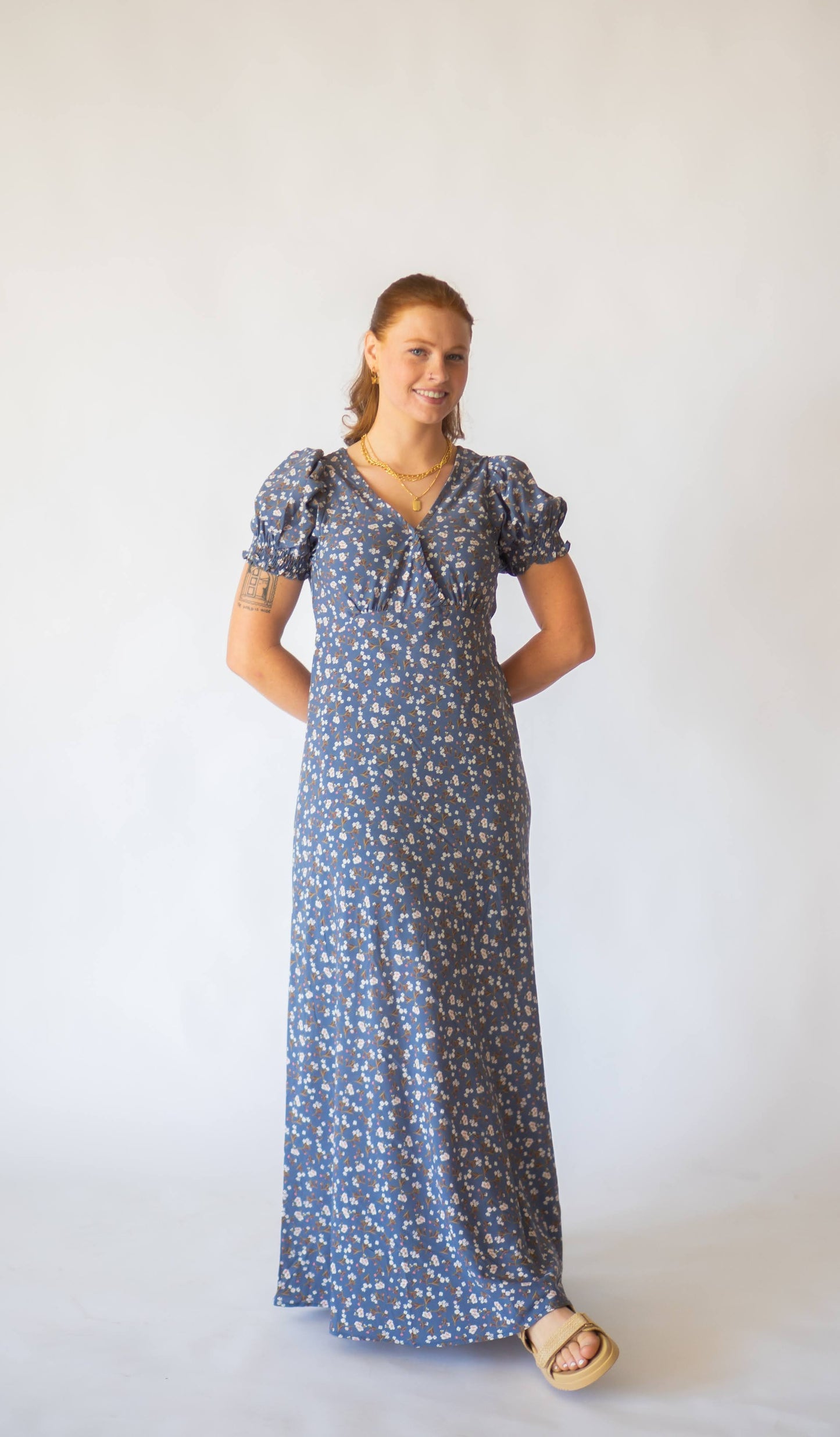 Blue Floral Maxi Dress with front button clasp and v-neck
