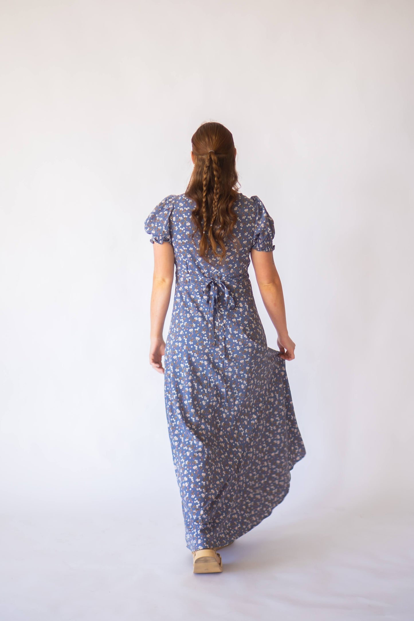 Blue floral maxi dress with tie back