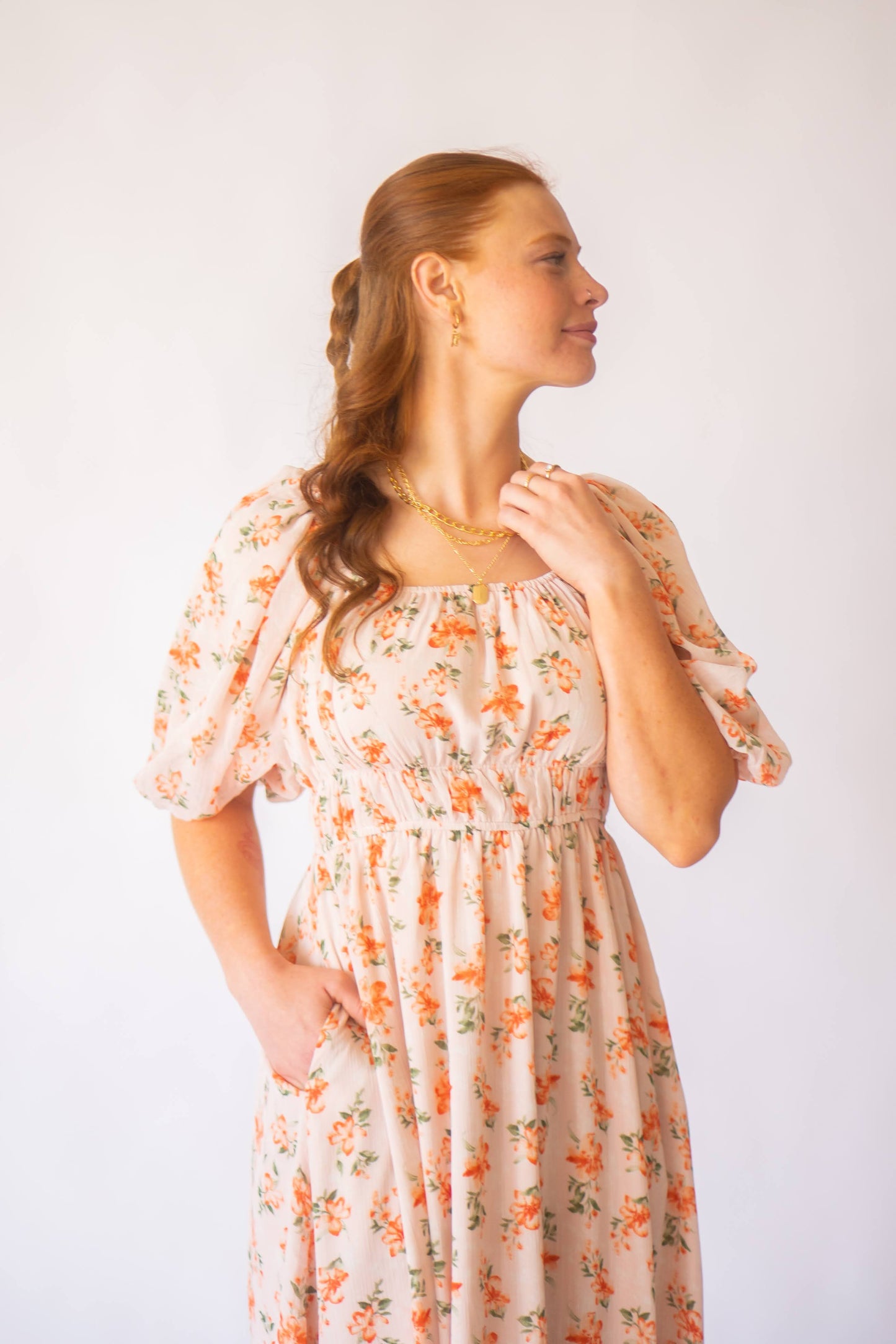 Square Neck Floral Pink and Orange Maxi Dress