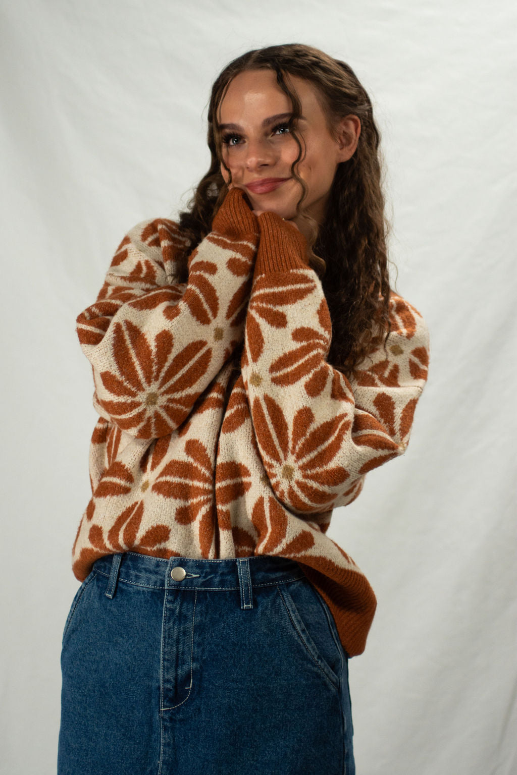 Cream floral sweater with rust flowers