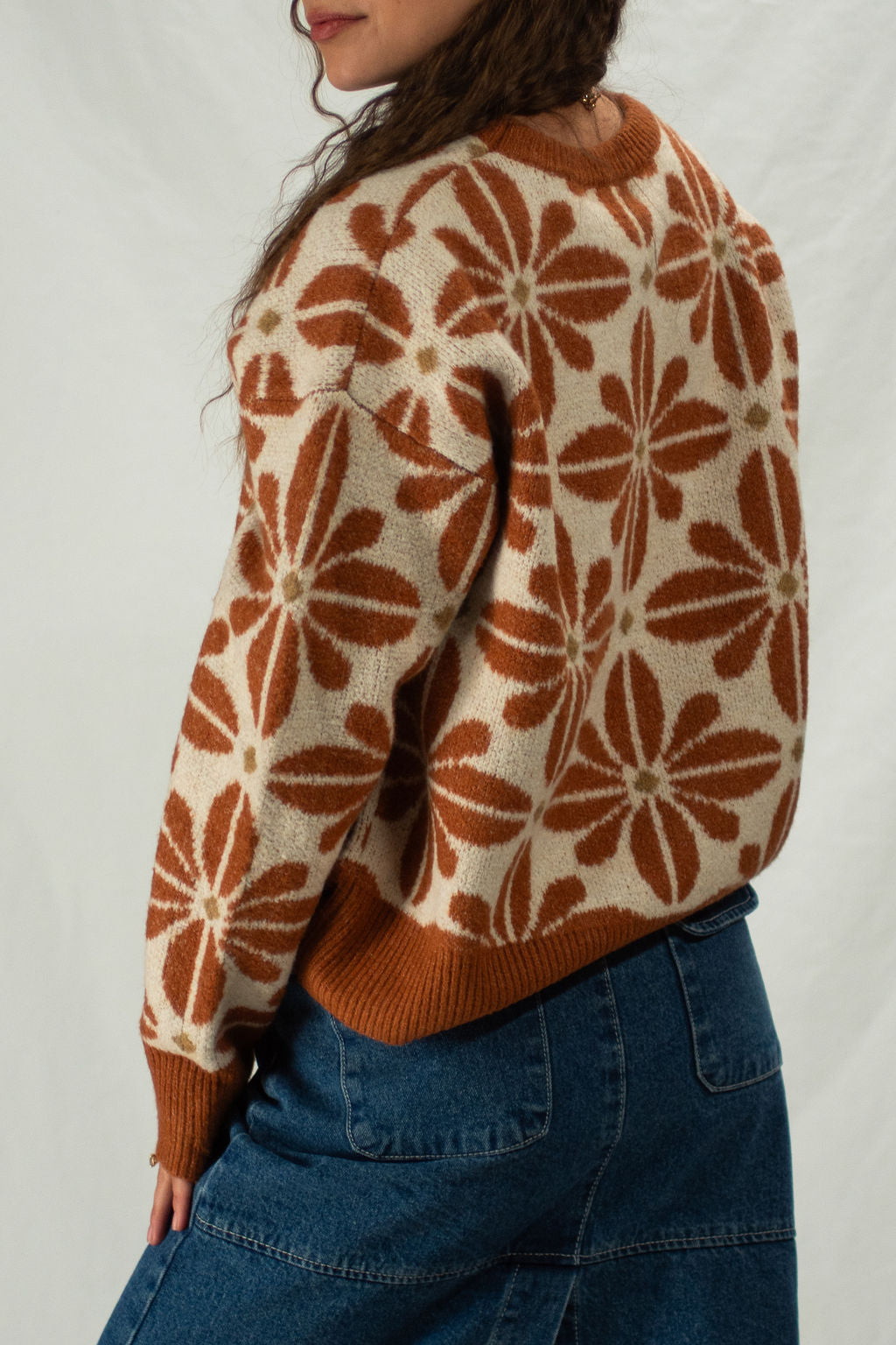 Cream floral sweater with rust flowers