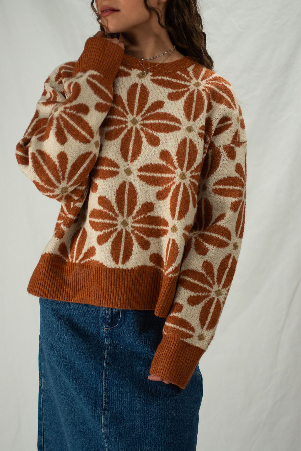 Cream floral sweater with rust flowers