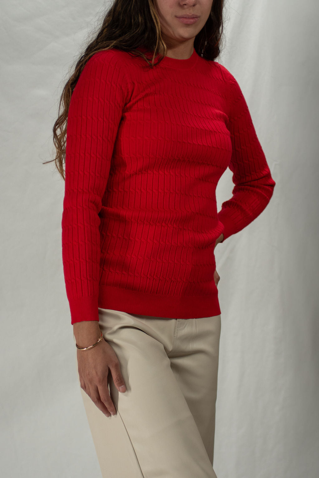Red cable knit sweater