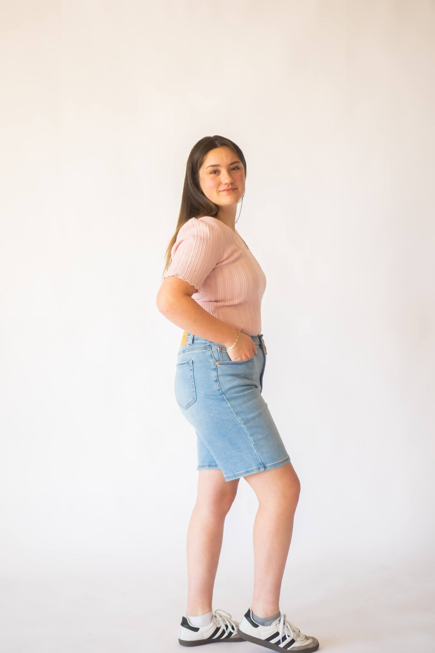 Modest knee length denim shorts