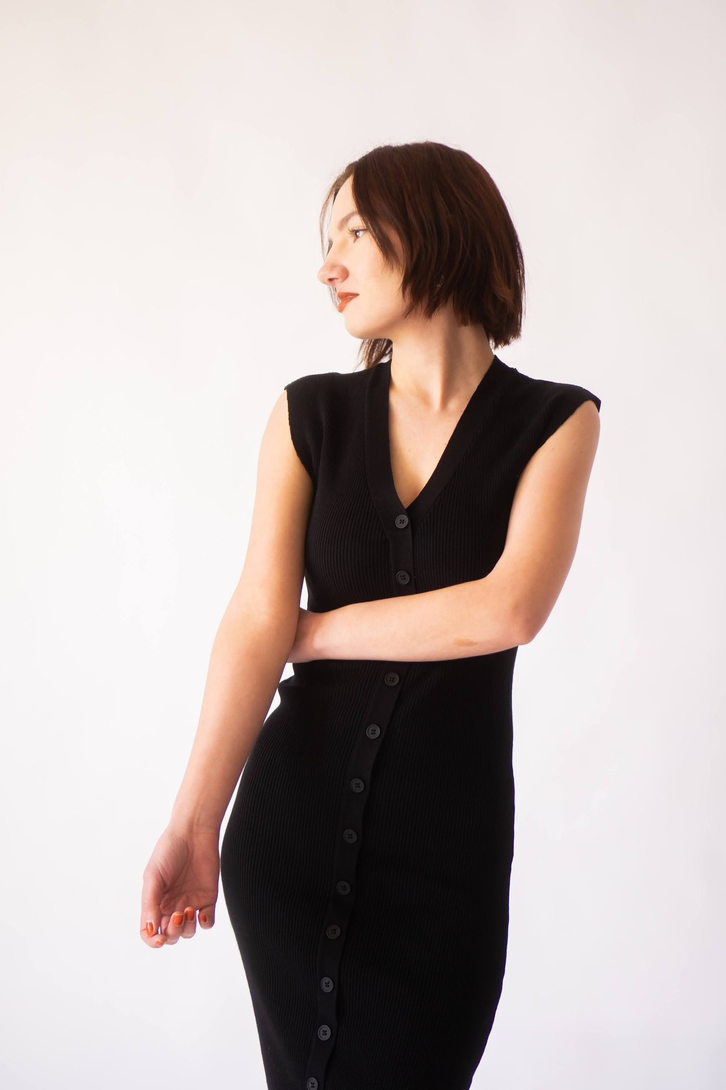 Top of Billie Black button up knit dress.