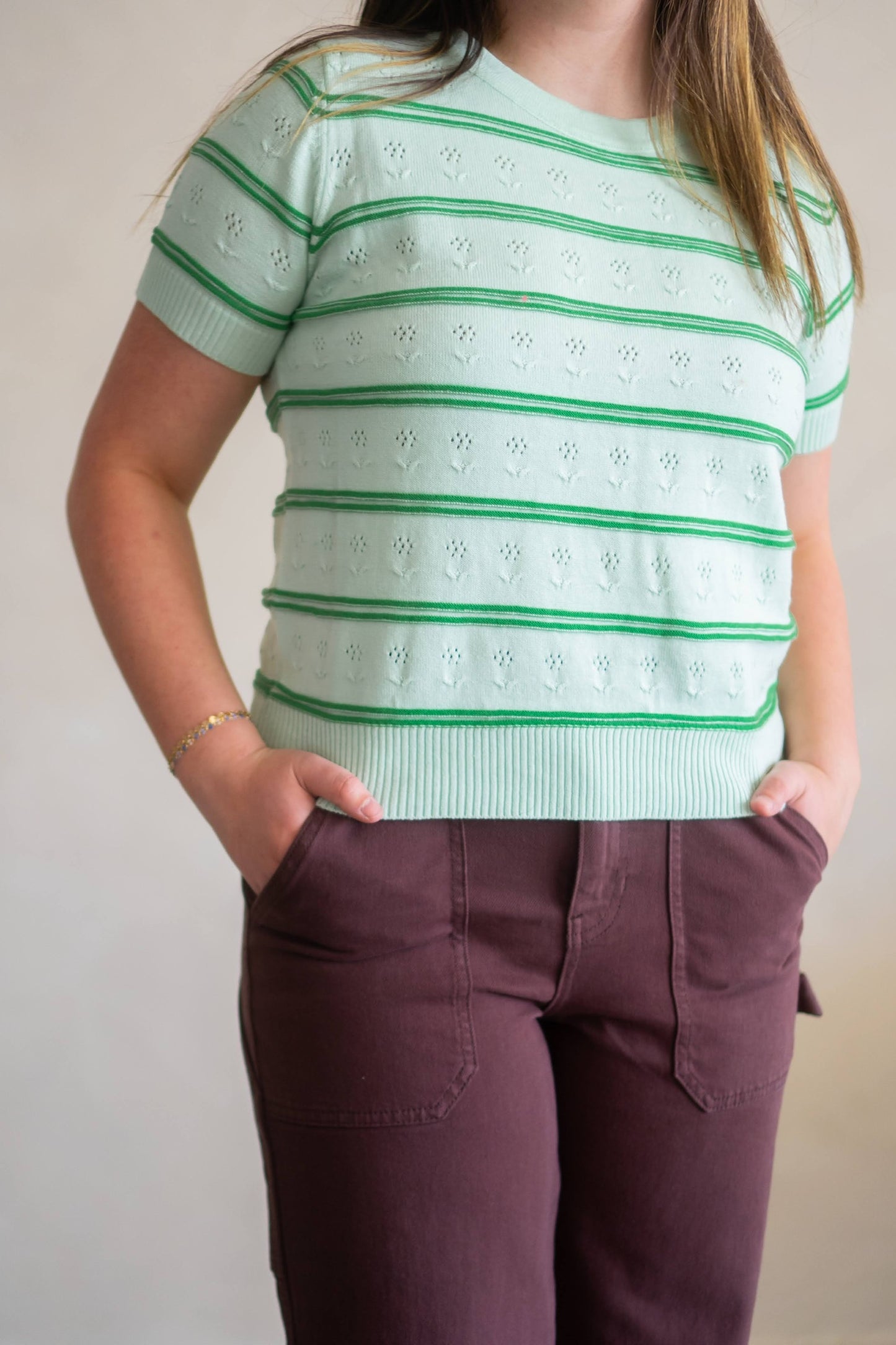 Mint green crew neck sweater short sleeve top with green stripes and floral knit details.