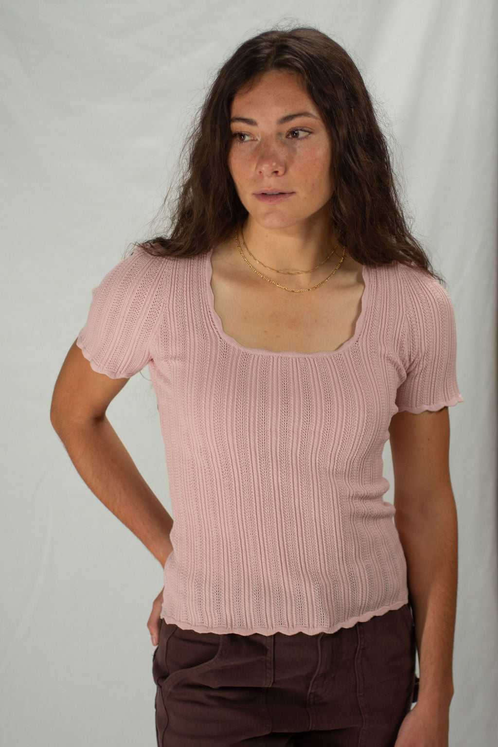 Hazel Scoop Neck Blouse in pink with Knit Detailing and Scalloped Edges