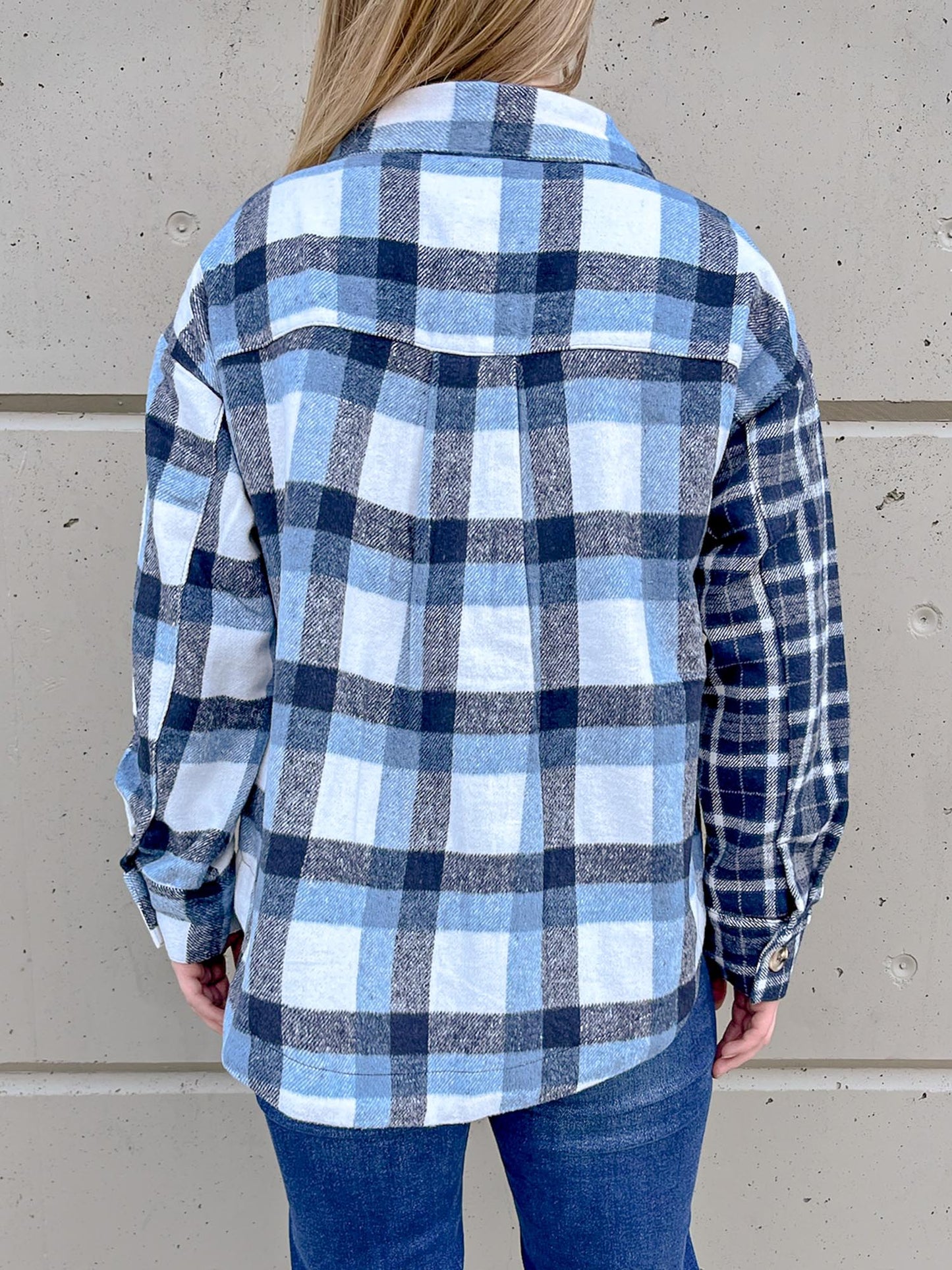 Blue plaid two tone shacket back