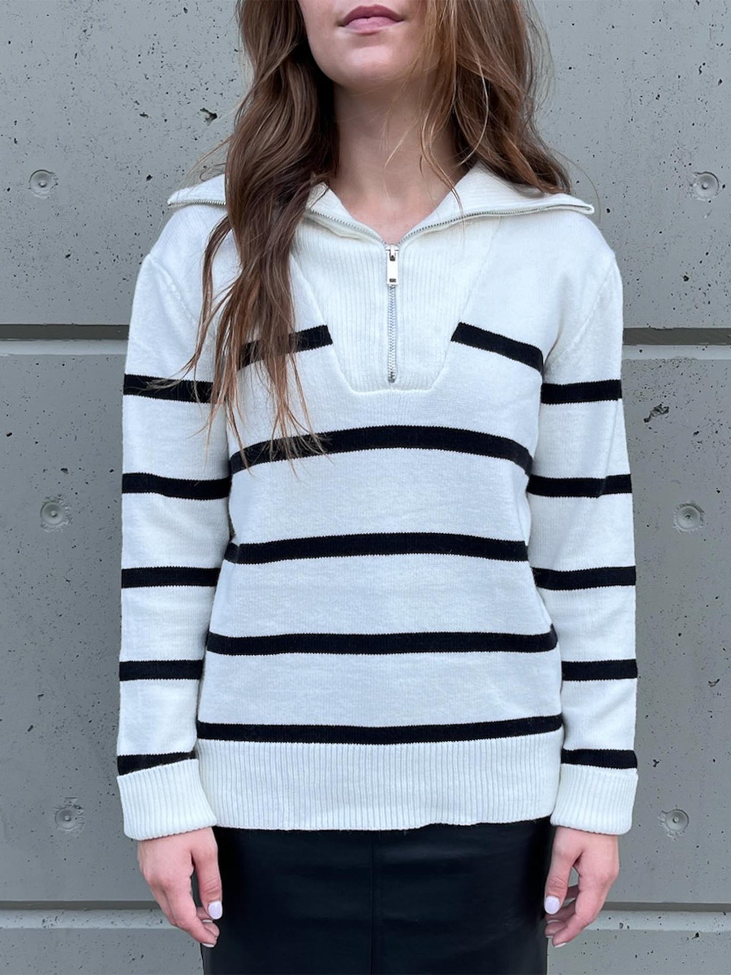 Three quarter zip white sweater with black stripes - untucked