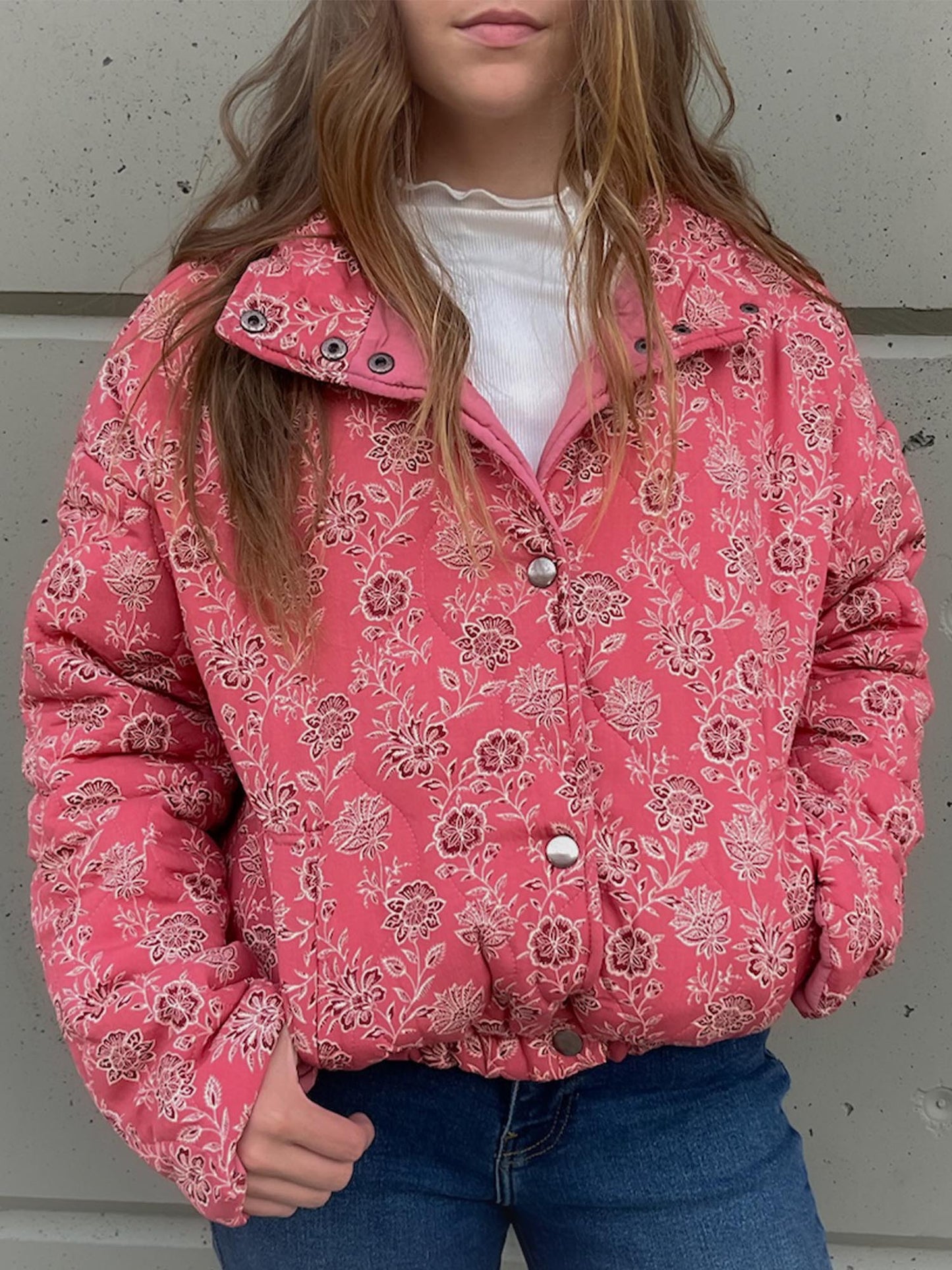 Rose floral button up quilted jacket in pink