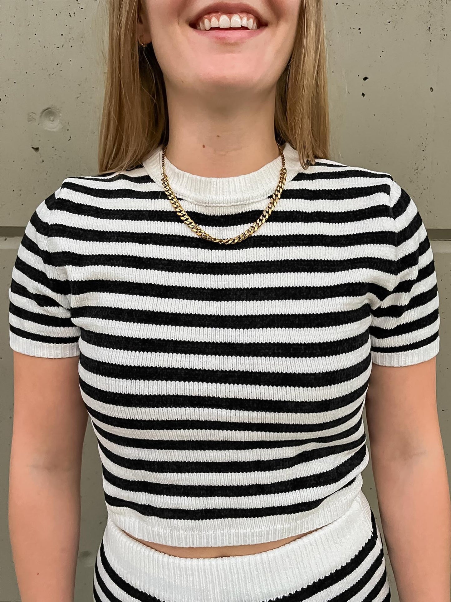 Two-piece short sleeve striped sweater crop top