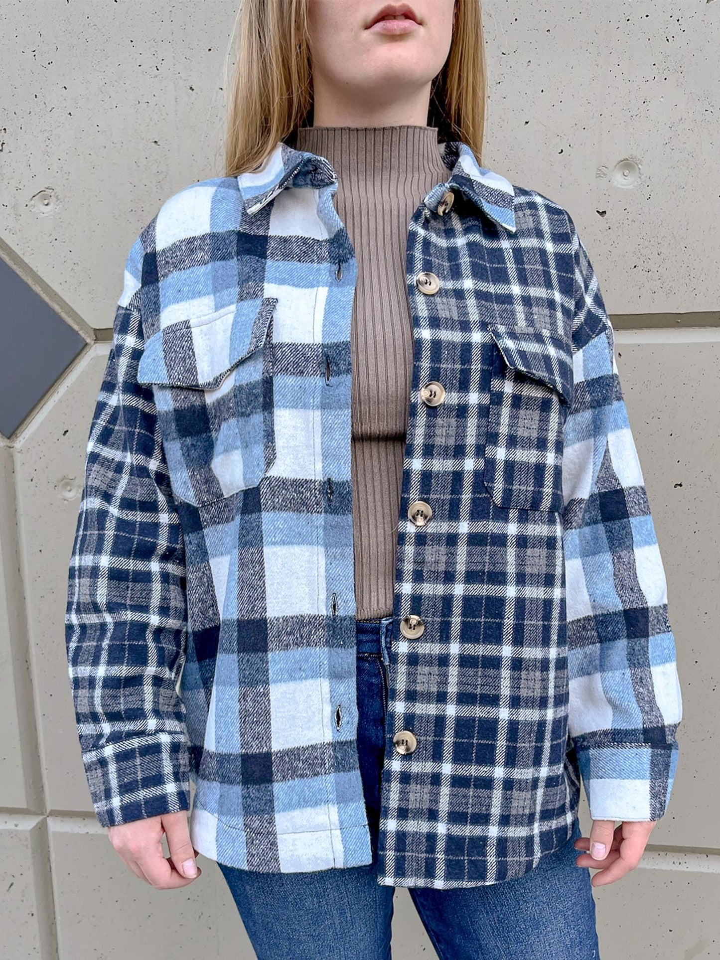 Blue plaid two tone shacket