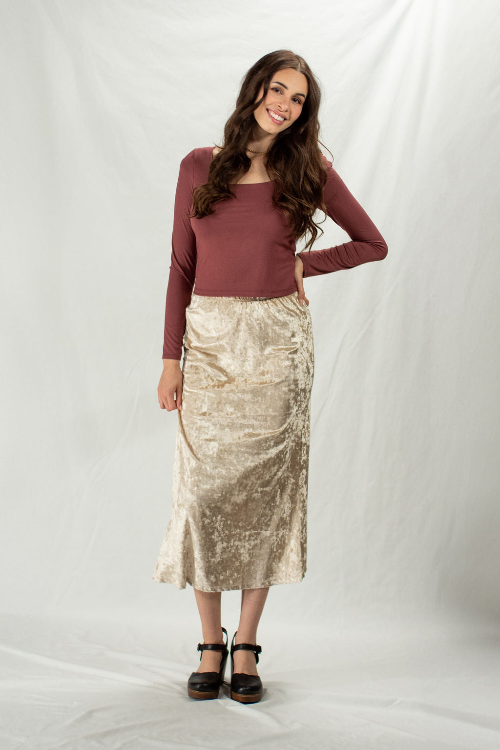 Velvet gold midi skirt