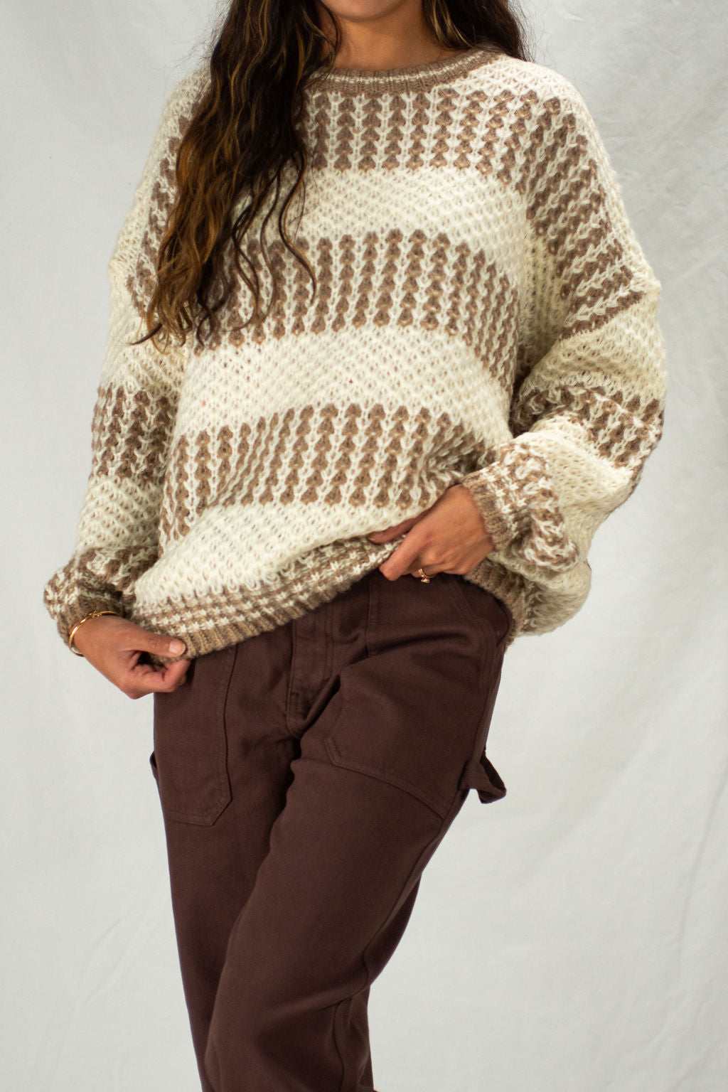 Cozy striped cream and brown knit sweater