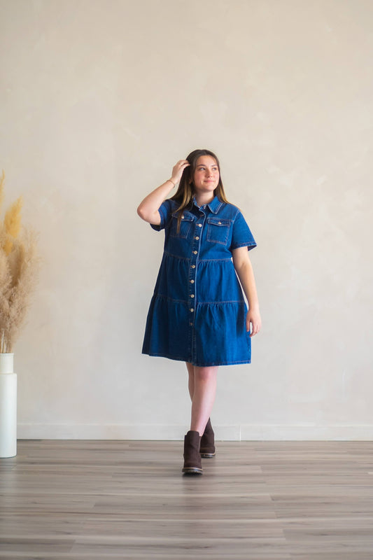 Woman wearing Cassidy knee length denim button up dress.