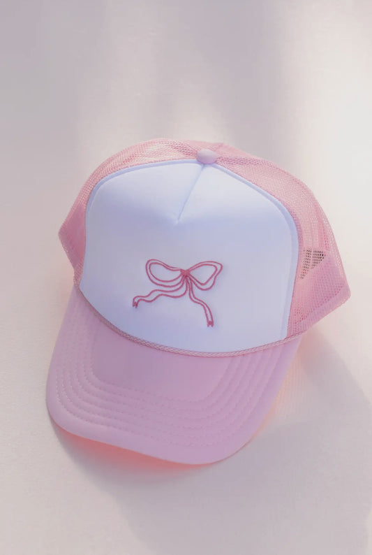 Claire Bow Trucker Hat - Pink & White with Embroidered Bow