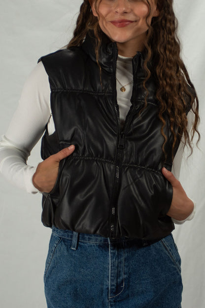 Black zip-up vegan leather puffer vest