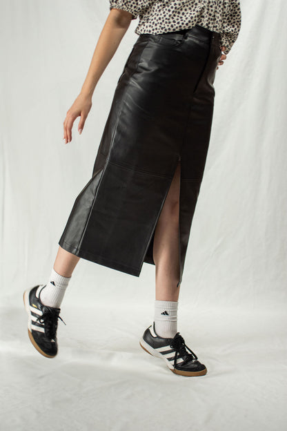 Black faux-leather maxi skirt with front slit
