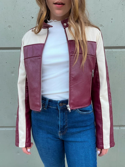 Cherry red cropped moto jacket with cream racer stripes