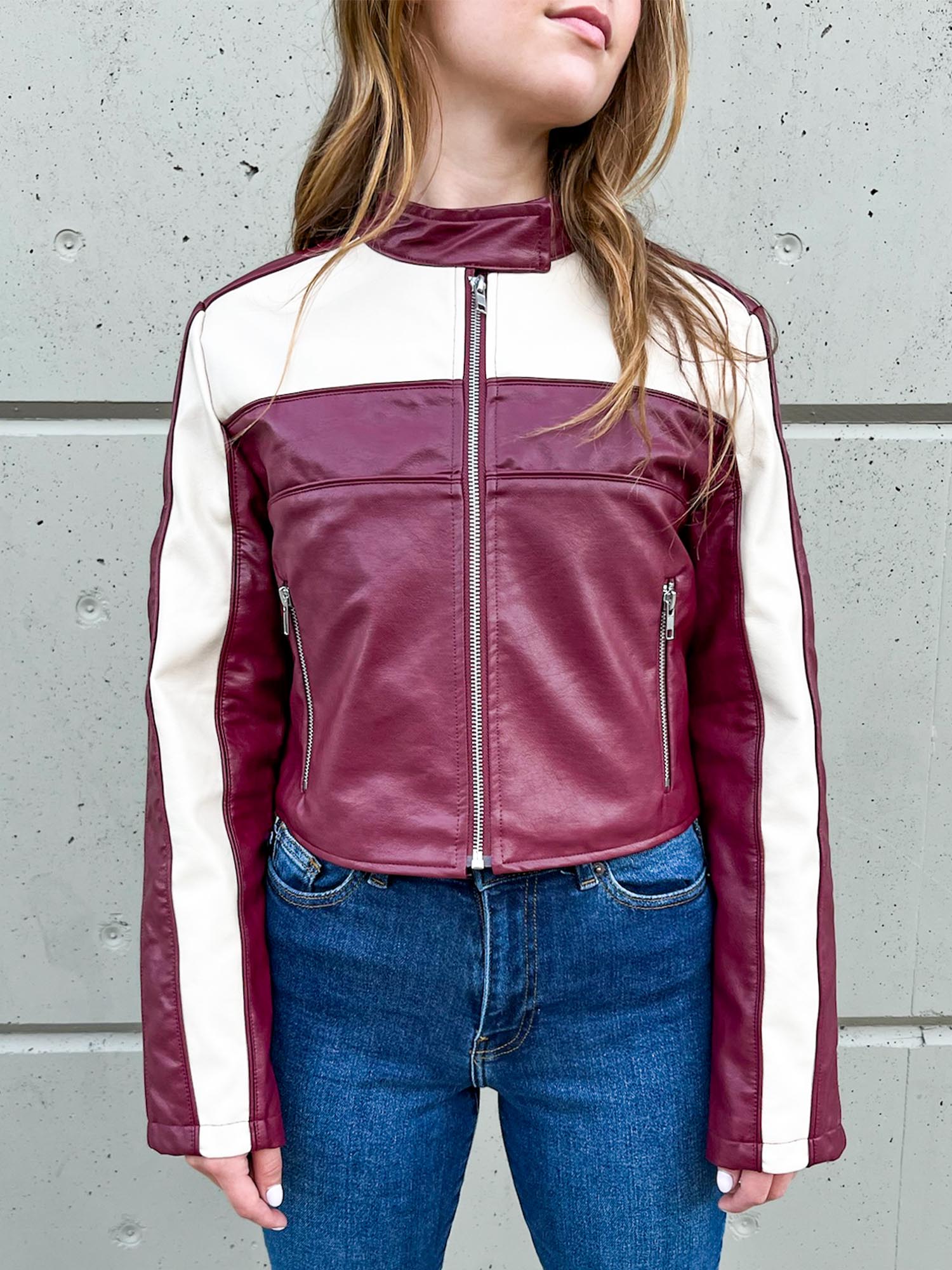 Burgandy cropped moto jacket with cream racer stripes