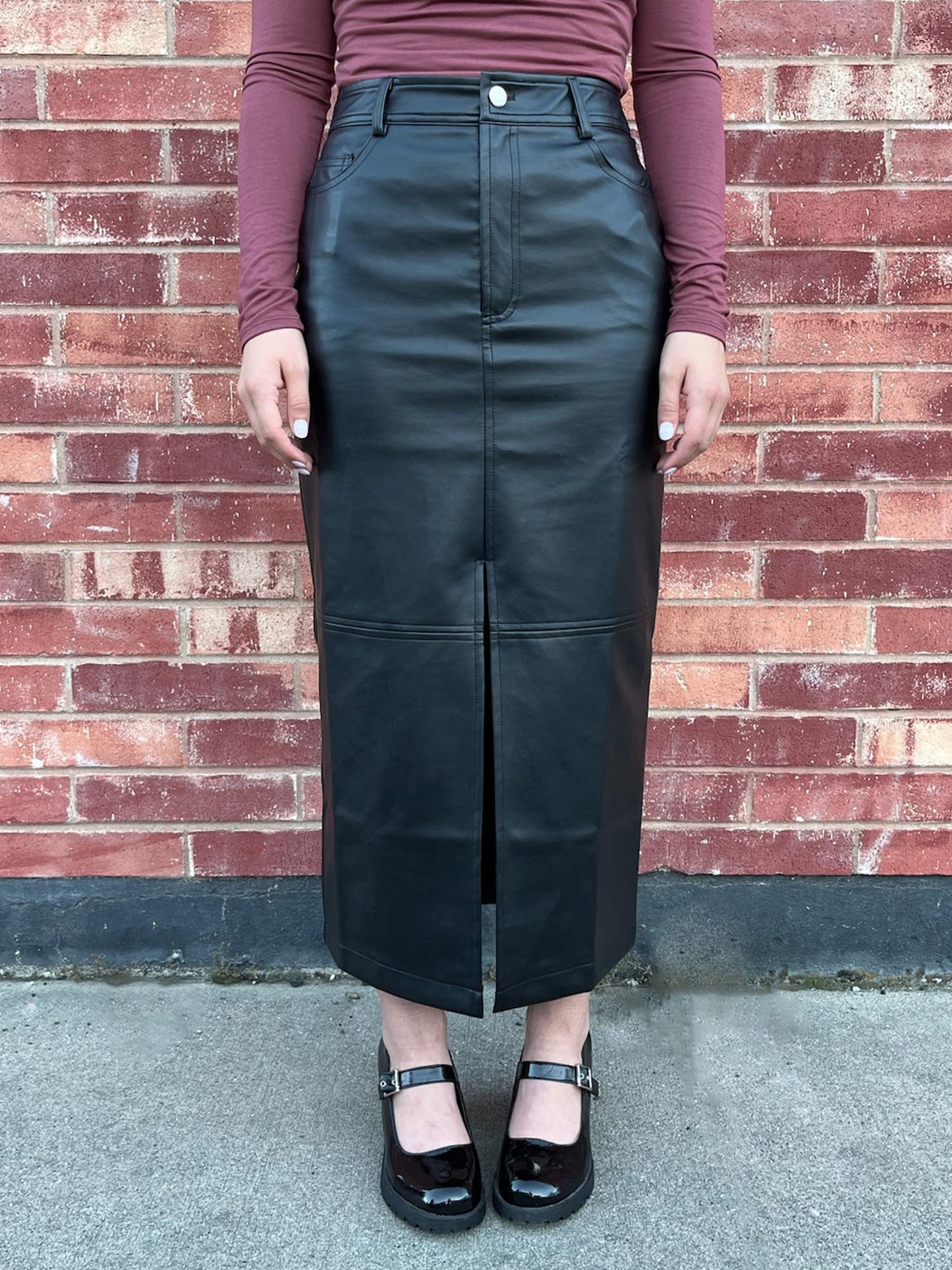 Black faux-leather maxi skirt with front slit