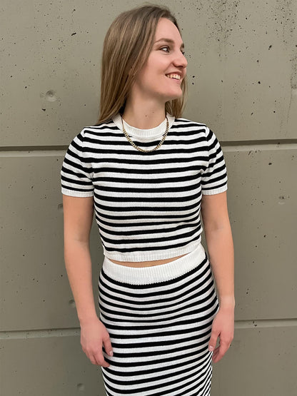 Two-piece short sleeve striped sweater crop top