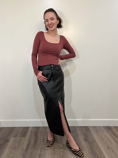 Black faux-leather maxi skirt with front slit